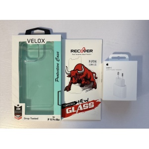 ערכת אביזרים VELOX כיסוי + מגן מסך זכוכית + מטען מקורי אפל